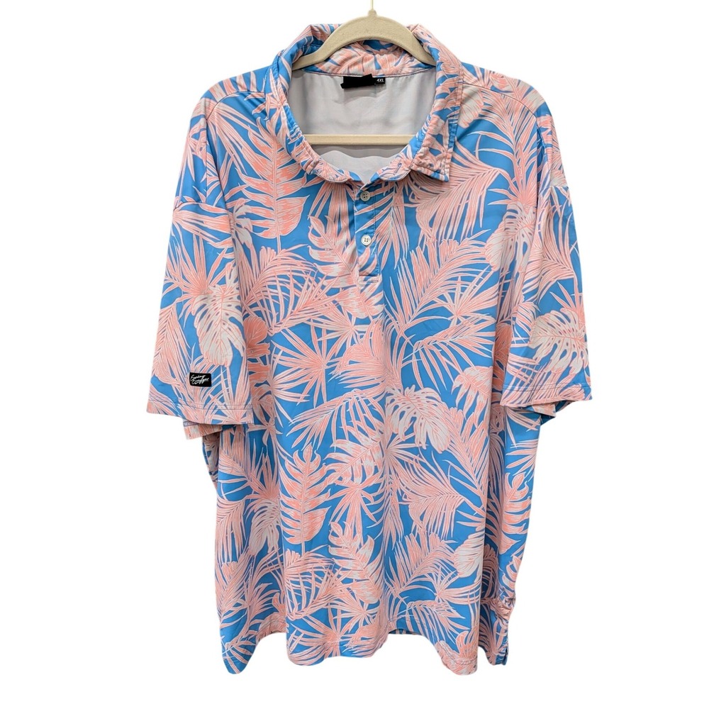 Sunday Swagger Golf Polo Shirt Blue Coral Palm Tree Performance Tee- 4XL